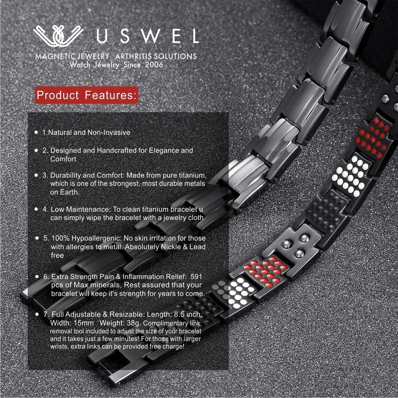 USWEL سوار تيتانيوم للرجال مع طلاء PVD أسود 591 قطعة معادن سوار مغناطيسي للرجال (أسود) - Image 2